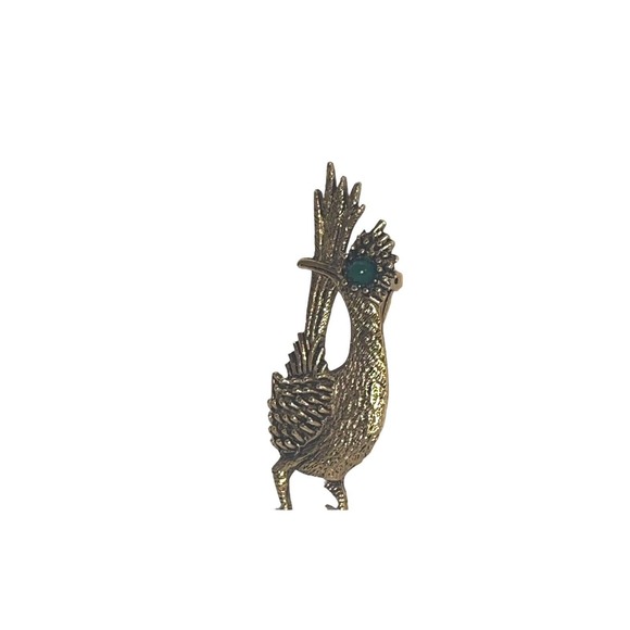 Vintage AMBASSADOR- Gold Tone Roadrunner Bird Green Gem Eye Brooch Pin- 2.5” - Picture 2 of 6